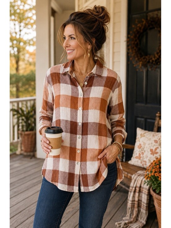 Soft Surroundings Tops - Soft Surroundings XL Linen Blend Plaid Tunic Shirt Rust Brown Button Front